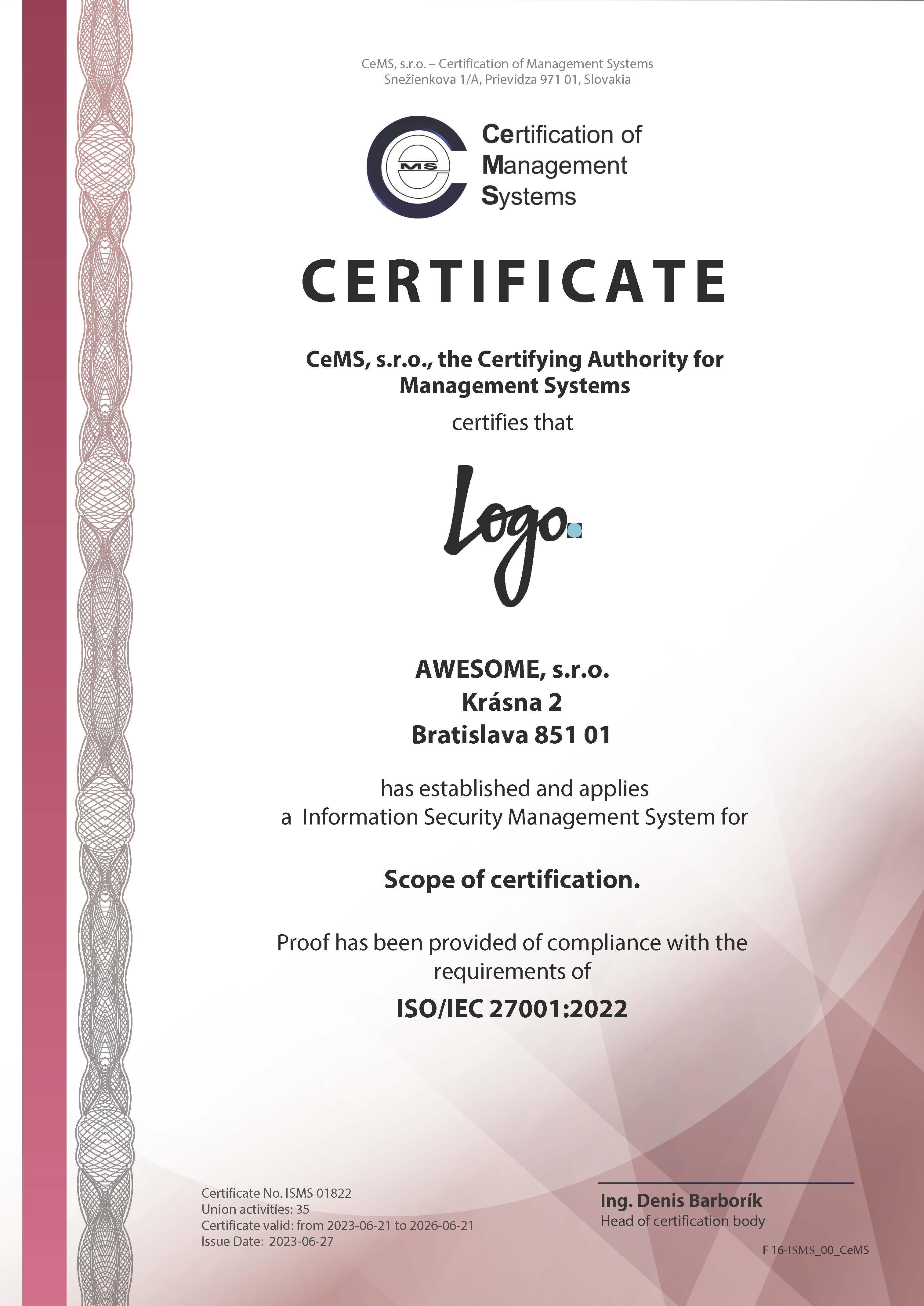 Certificate ISO/IEC 27001 by CeMS